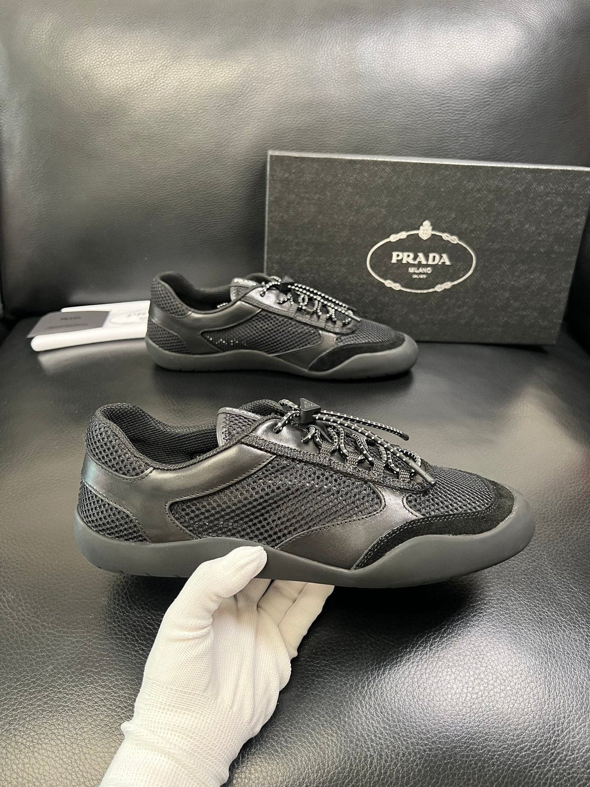 Prada Men's Black and Charcoal Low-Top Sneakers