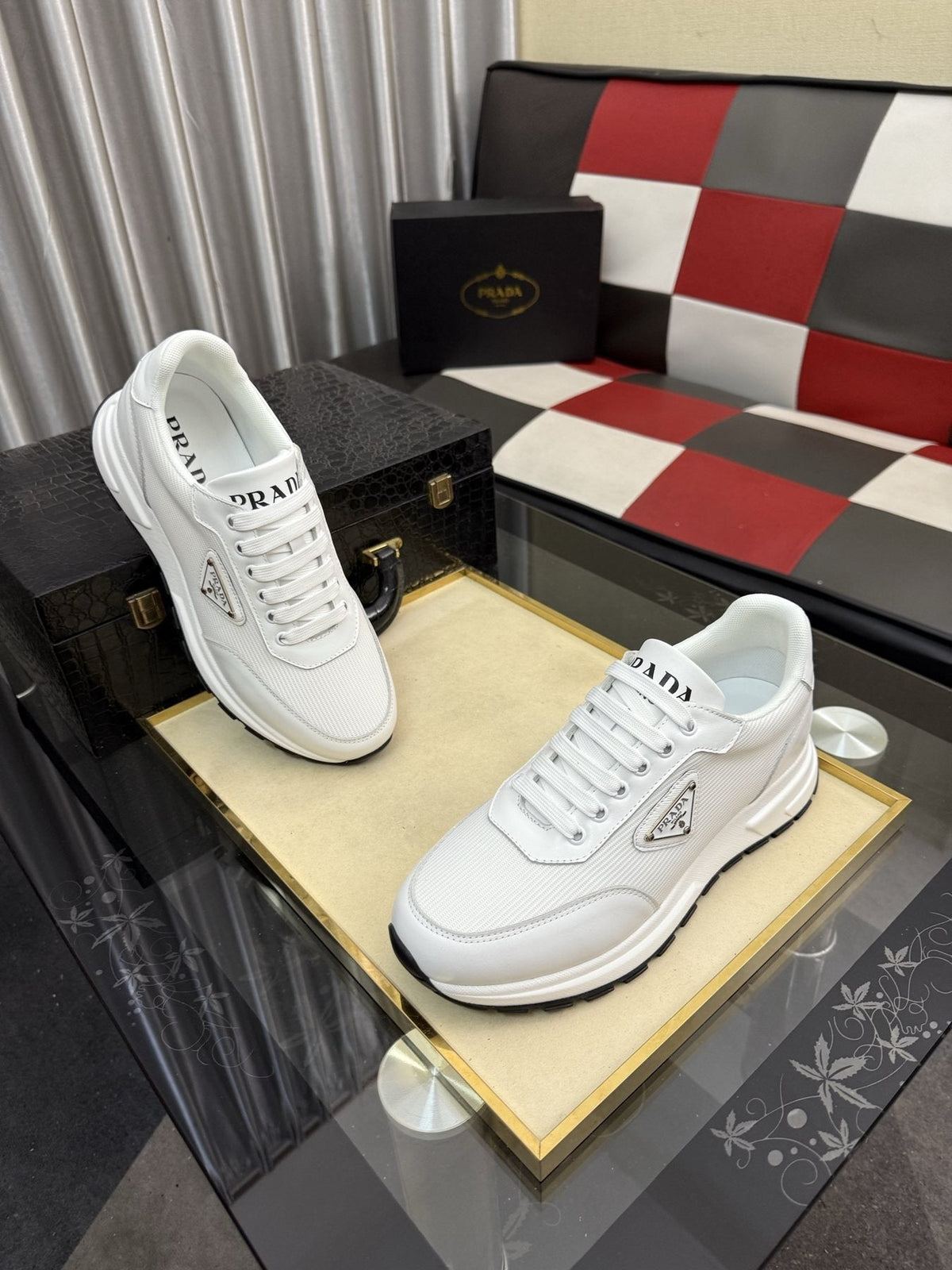 Prada Men's White Textured Low-Top Sneakers